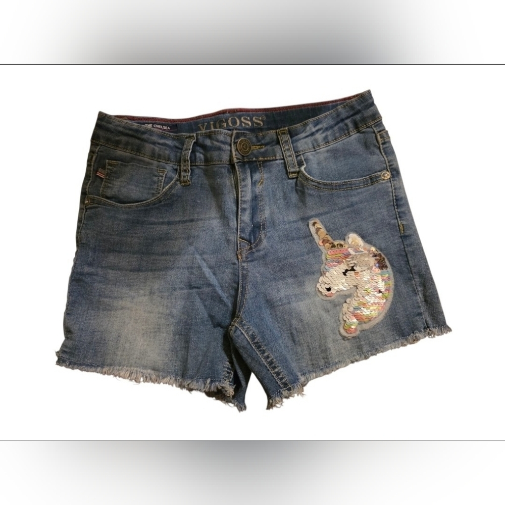 Vigoss Girls Denim Shorts with Sequin Unicorn, Size 14